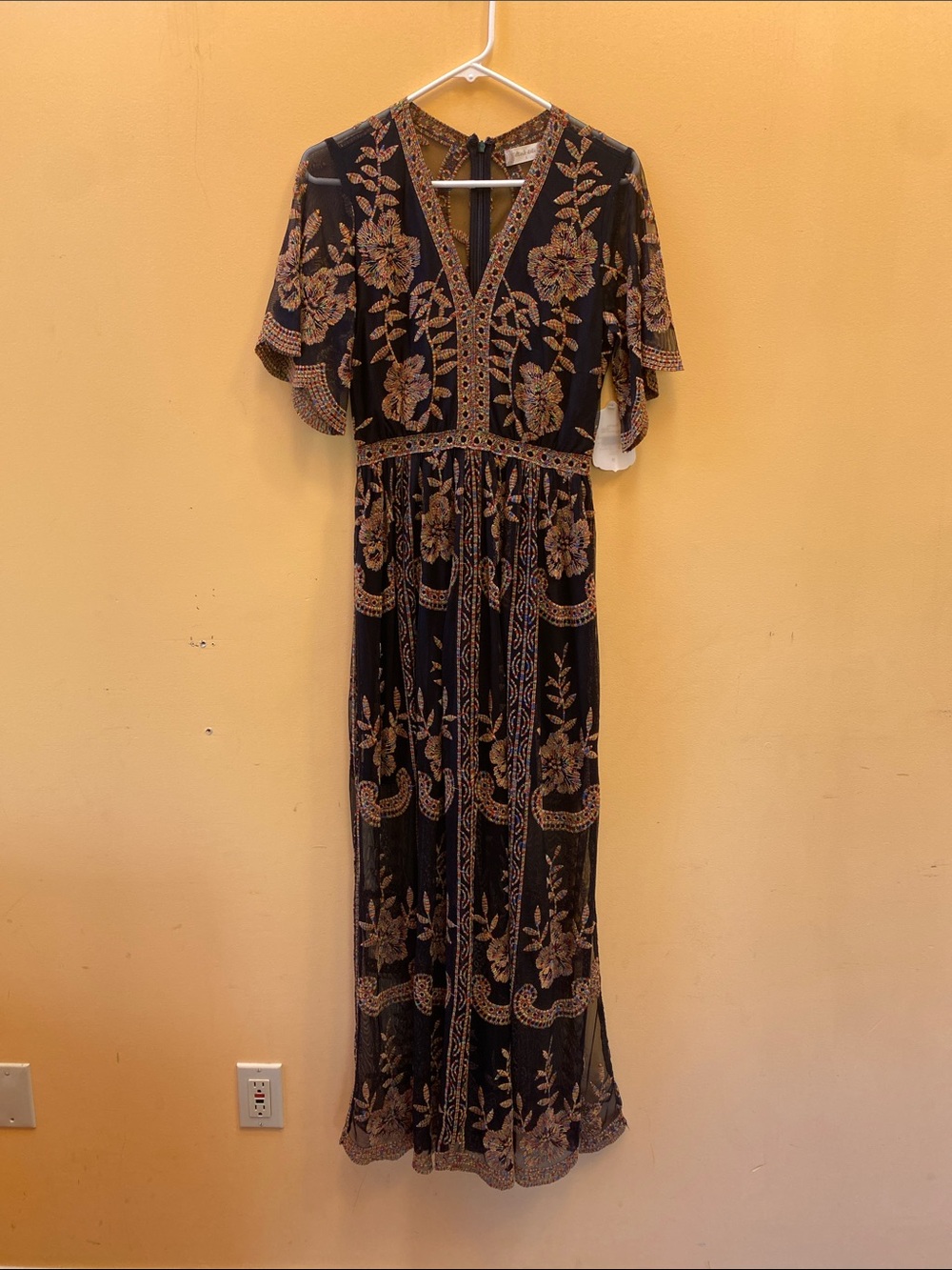 SMALL Embroidered Black Maxi Dress with Multi-Colored Floral Detail